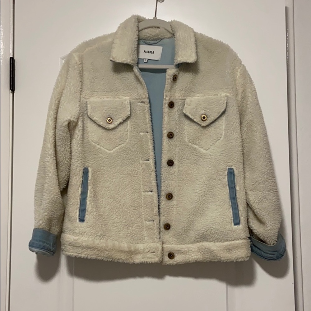 Super cute white Sherpa jacket with denim lining